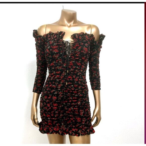 Whimsigoth Floral Mini Ruched Dress Black Red Off Shoulder Sz S Dark Fairy Vamp - Picture 3 of 8